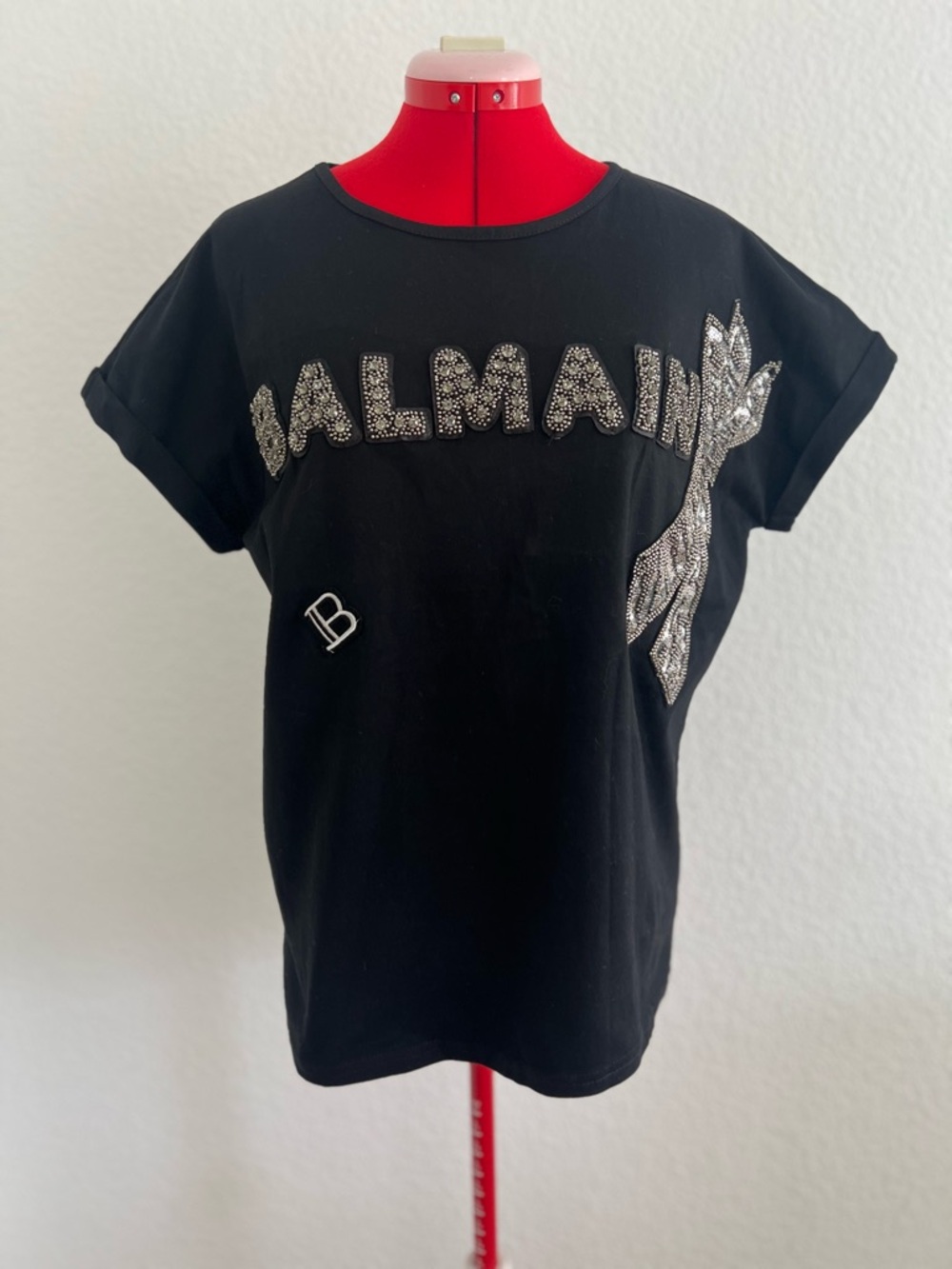 Black Short Sleeve Tee with Silver Sequin Logo and Embellished Accent